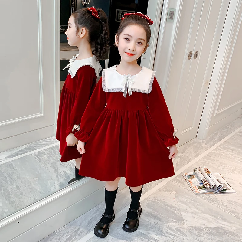 Modern Velvet Dress for Girls Spring Autumn Kids Christmas Dress Outfit Red Black Teenage Girls Clothing 4 6 7 8 9 11 14 Years