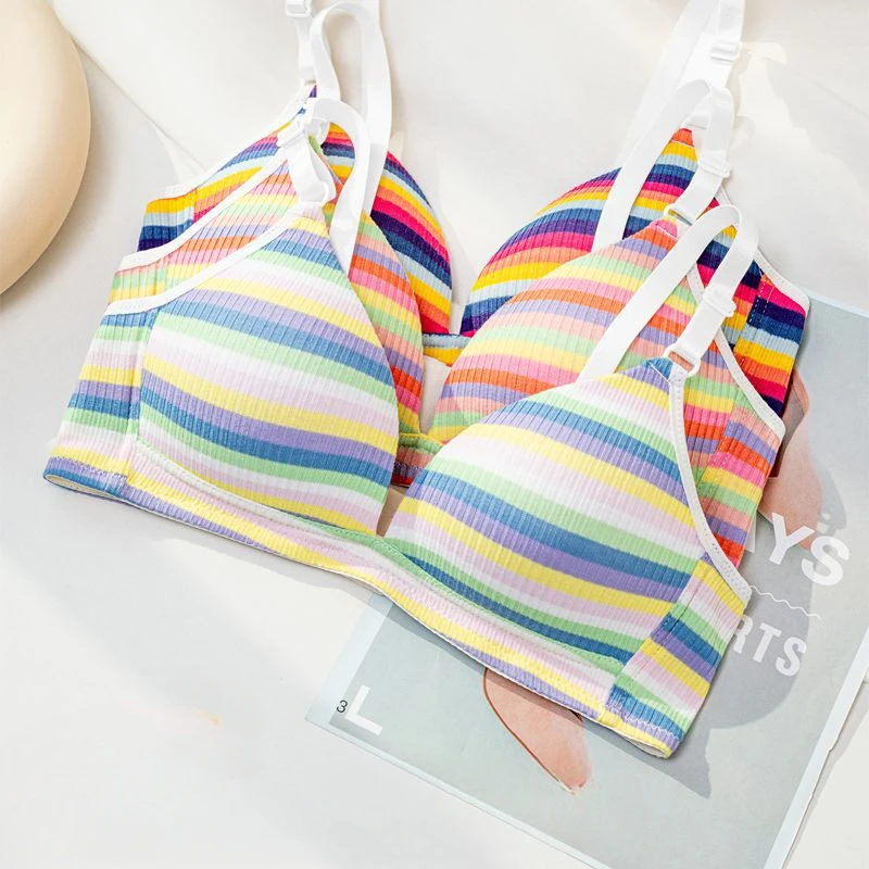 Dopamine girl rainbow stripes color girl small breast no steel ring underwear back bra bra high impact sports bra