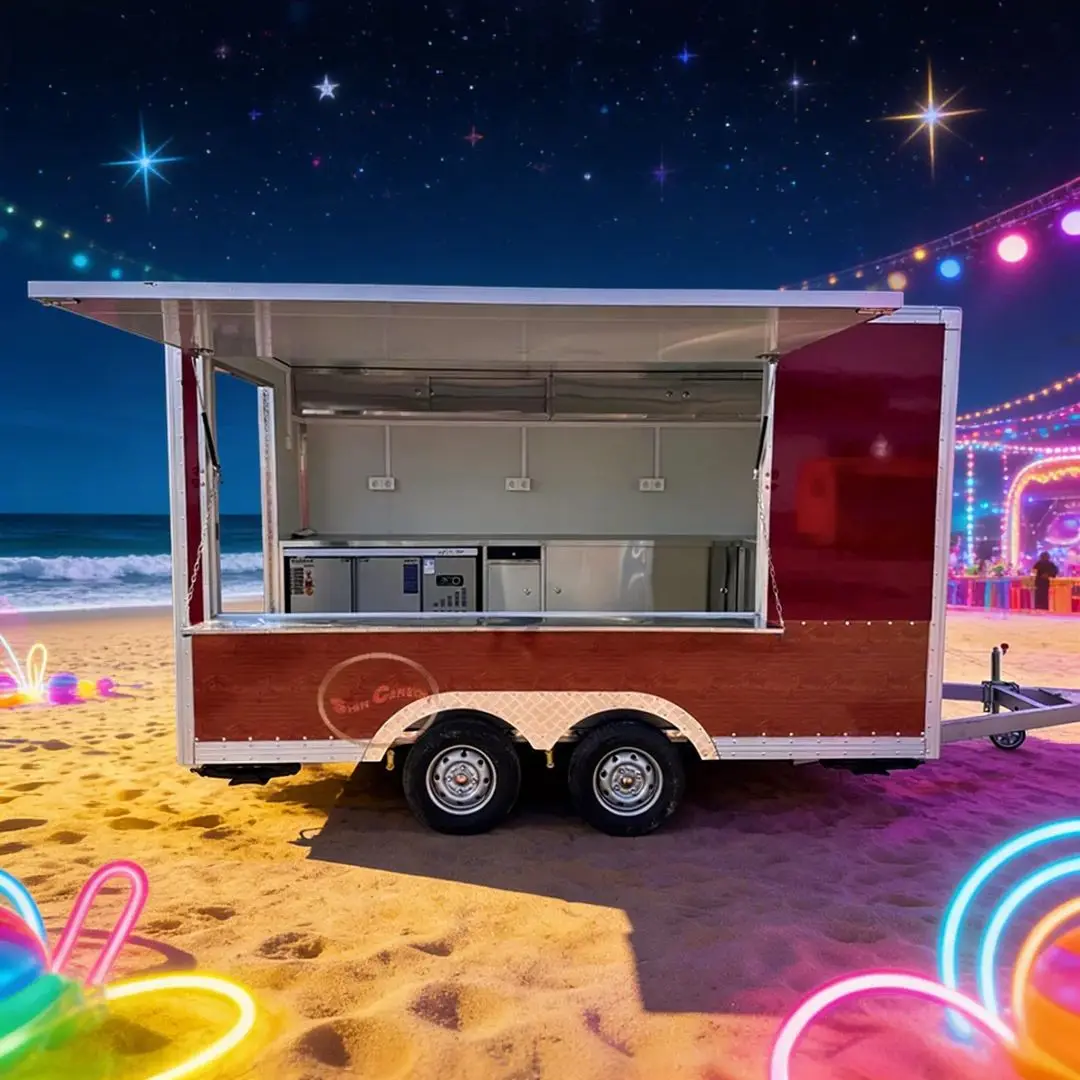 

Customizable Fiberglass Food Cart Trailer Outdoor Catering Sink Refrigerator Included Mobile Kitchen for Snack Business