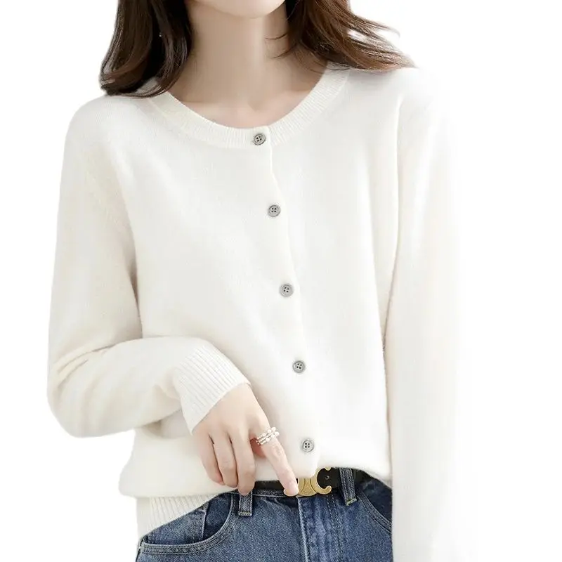 2024 Casual New Sweater Cardigan Round Neck Solid Color Sweater Coat Knitted Temperament Western Style Daily Commuter Top