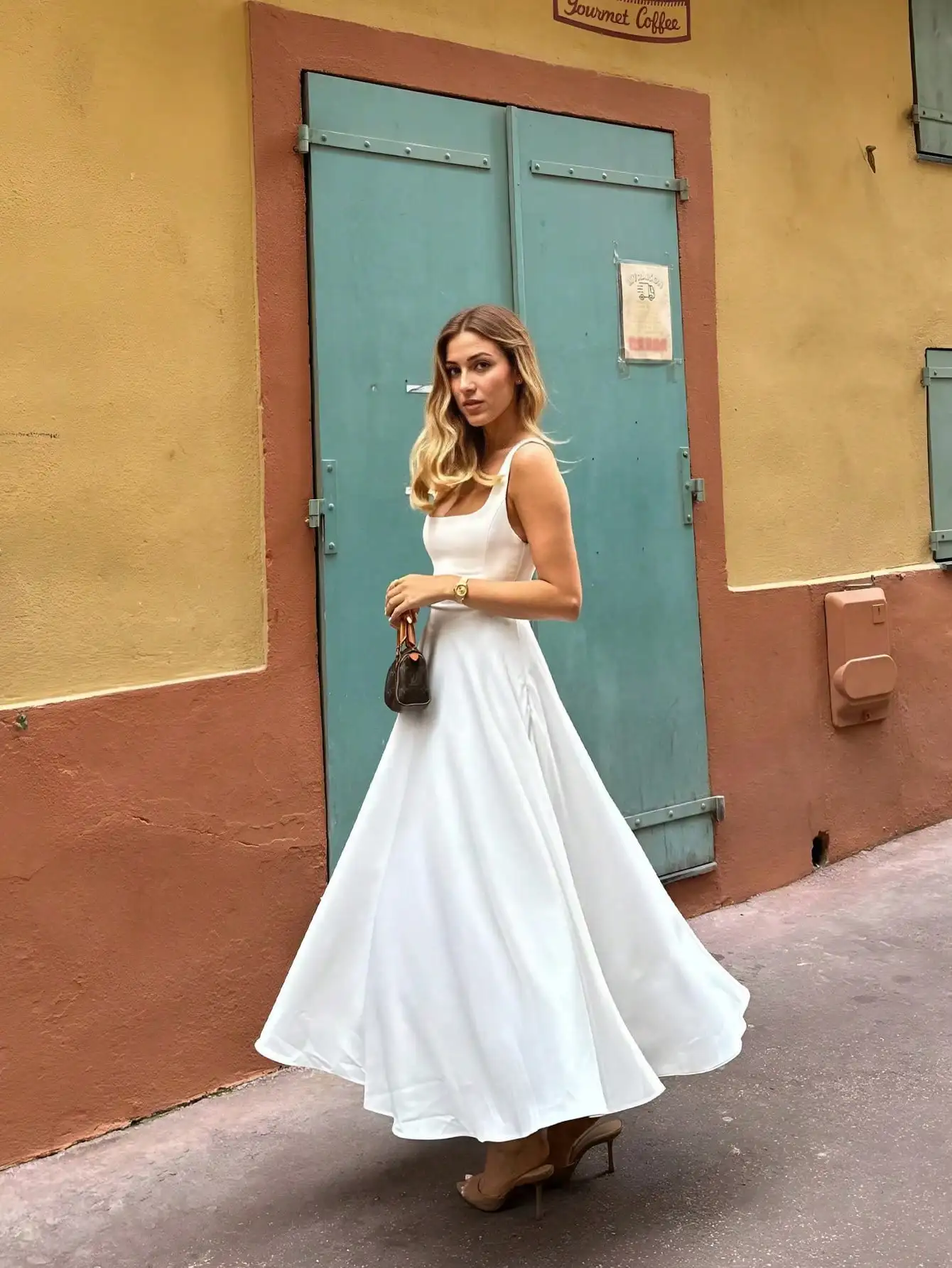 

Белое однотонное платье миди А-силуэта без рукавов с квадратным вырезом для весенне-летних мероприятий