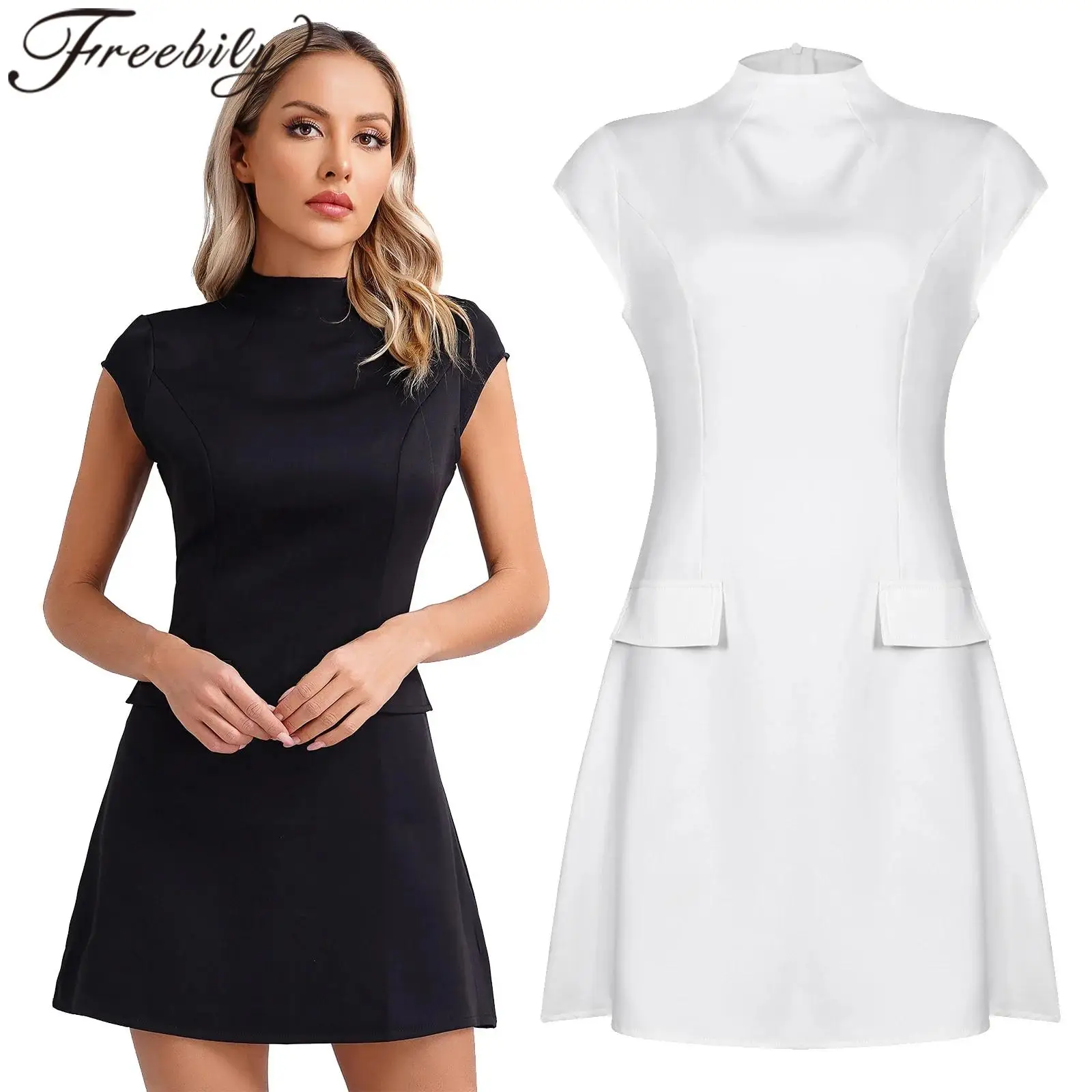 

Women's Elegant Dress Mock Neck Wedding Evening Party Dress Cocktail Gown Cap Sleeve Robes Summer Casual A-Line Mini Dresses