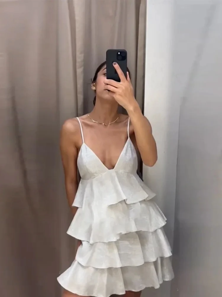섹시한 캐스케이딩 러플 숏 슬링 드레스 여성용 브이넥 민소매 백리스 케이크 드레스 여름 여성용 글리터 파티 프롬 가운