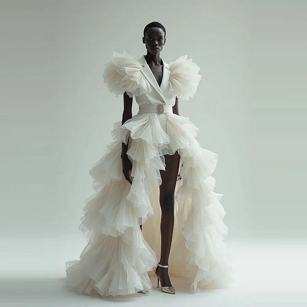 

Высокие низкие вечерние платья с V-образным вырезом и пышными рукавами, драпированное многоуровневое платье для выпускного вечера Aso Ebi с поясом и бусинами, трапециевидные свадебные платья