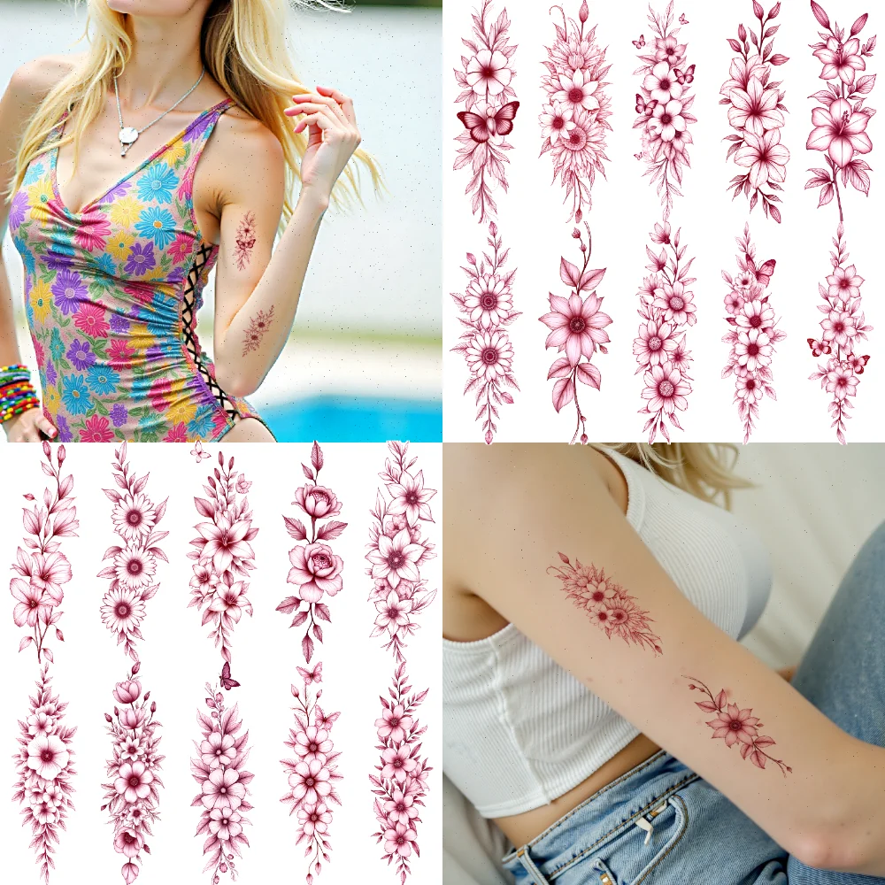 

9 шт., временные татуировки с цветочным узором, временные татуировки, наклейки, декоративные цветы, красная линия для рук, плеч, взрослых