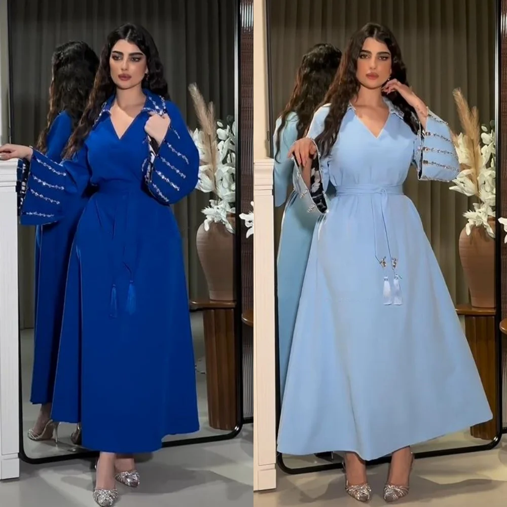 Vestido de noche de Arabia Saudita, traje Midi drapeado con volantes y cuentas, cuello en V, línea A, para quinceañera