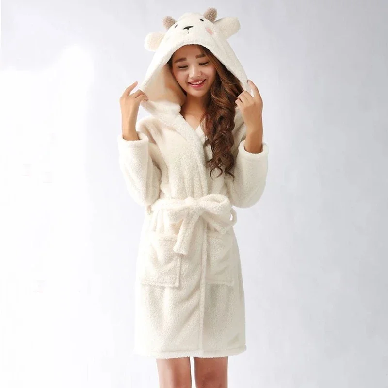 Adults Animal Flannel Bath Robe Sleepwear Women Bathrobe Nightgown Thick Warm Robe Winter Panda Unicorn Cartoon Plush Pajamas