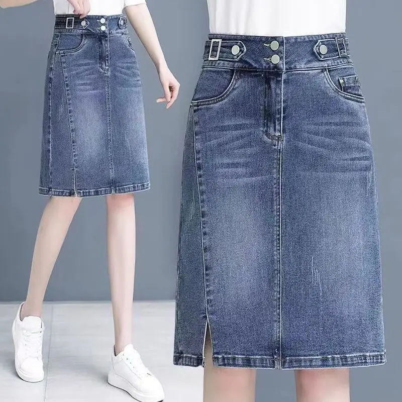 

Split Jean A-Line Skirt Woman Summer High Waist Buttons Blue Midi Skirts for Women Sheath Skirts Belt Office Denim Skirt Q539