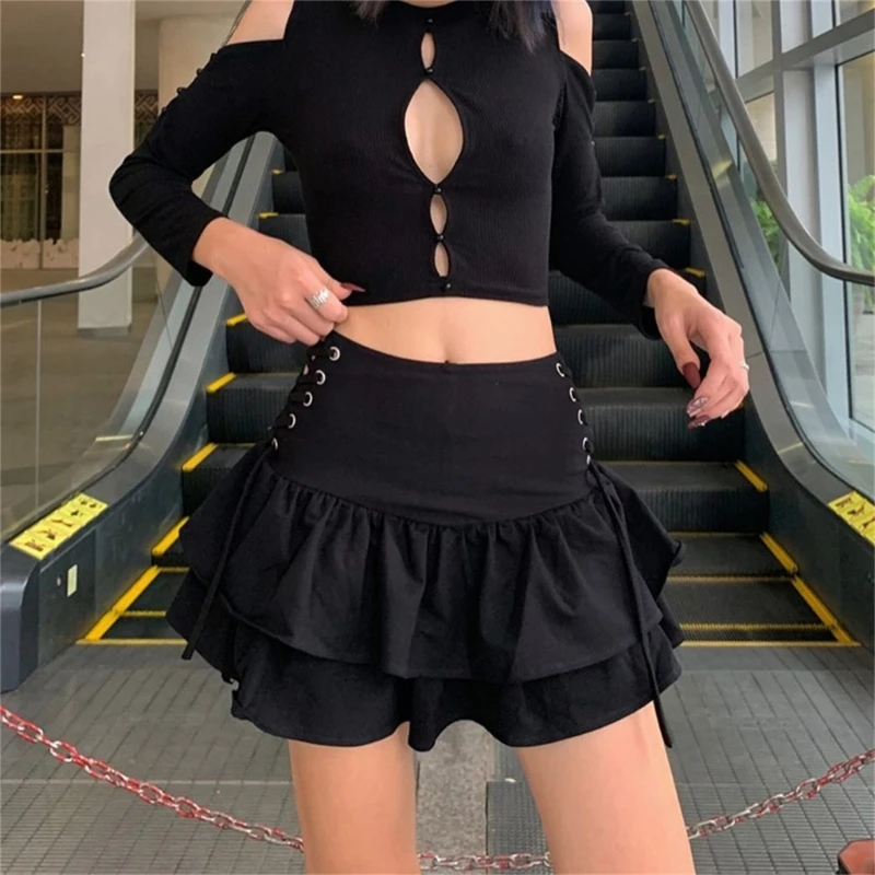 Gothic Punk Side Lace-Up Tiered Ruffle Hem A-Line Mini Skirt for Women