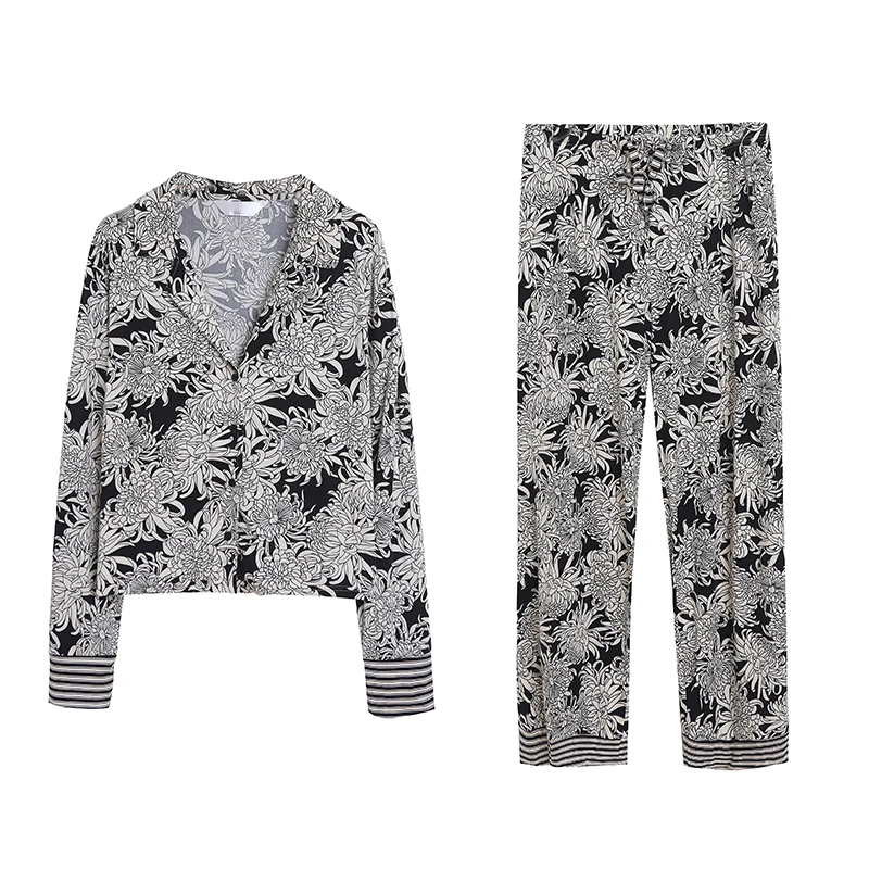Retro Floral Print V-Neck Long Sleeve Home Clothes Set Comfortable Loose Open Cardigan Vest Wide Leg Pants Skin-friendly