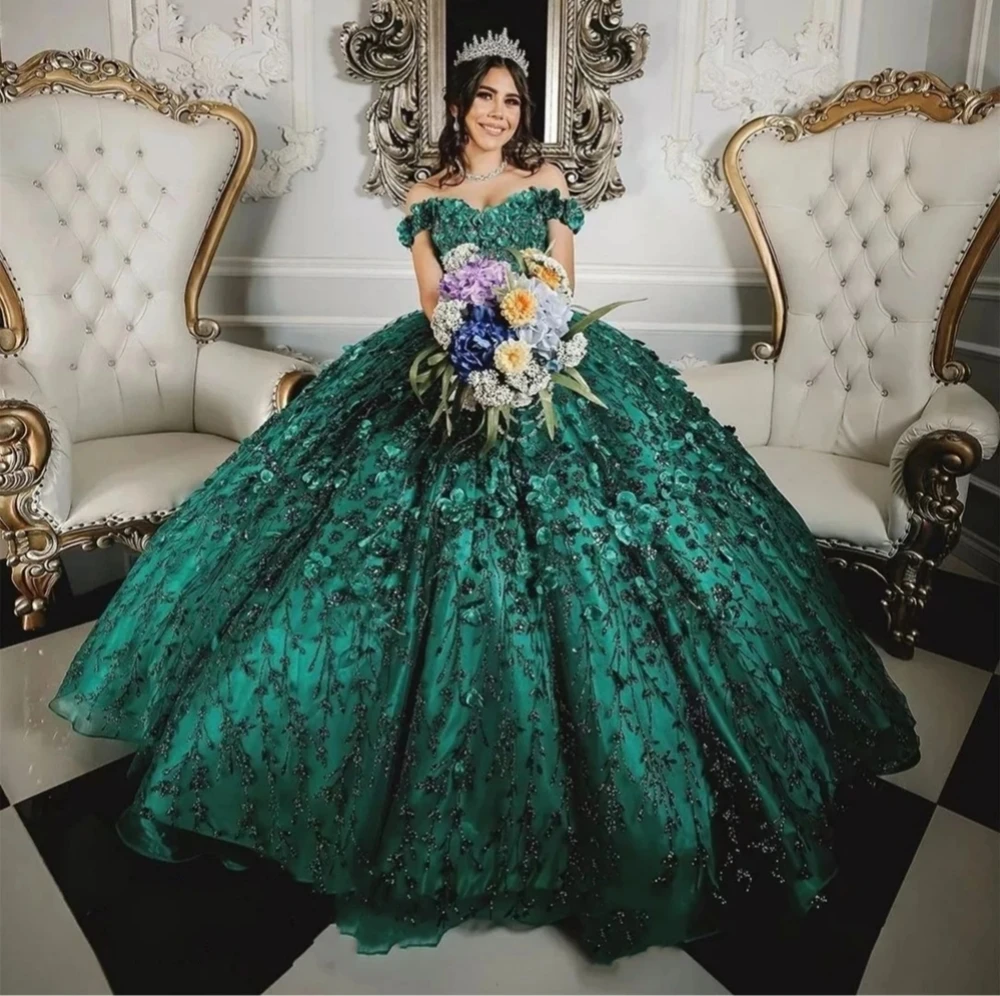 

Emerald Green Charro Quinceanera Dresses Ball Gown Off The Shoulder Floral Sparkly Mexican Sweet 16 Dresses 15 Anos