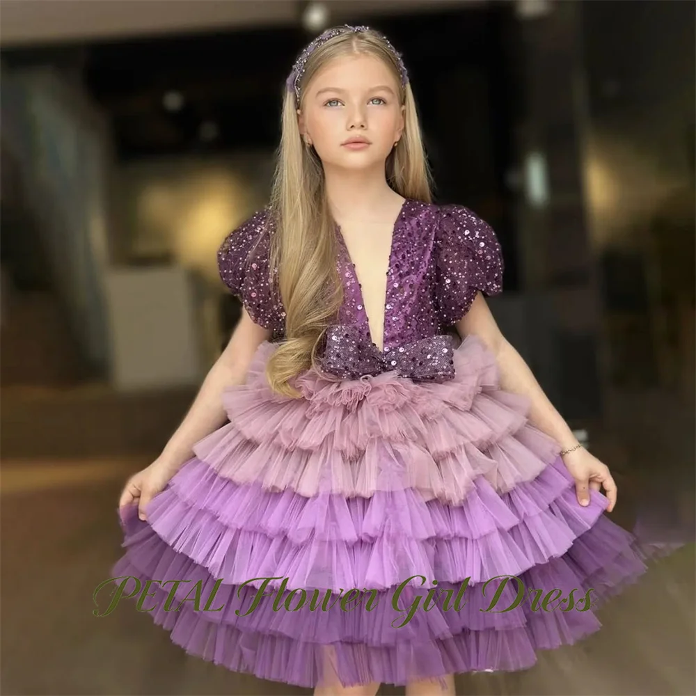 Petal Deep V Neck Wedding Dress for Girls 3-13 Years Old Puffed Sleeve Girls Princess Dress Bow Evening Party Dress for Girls