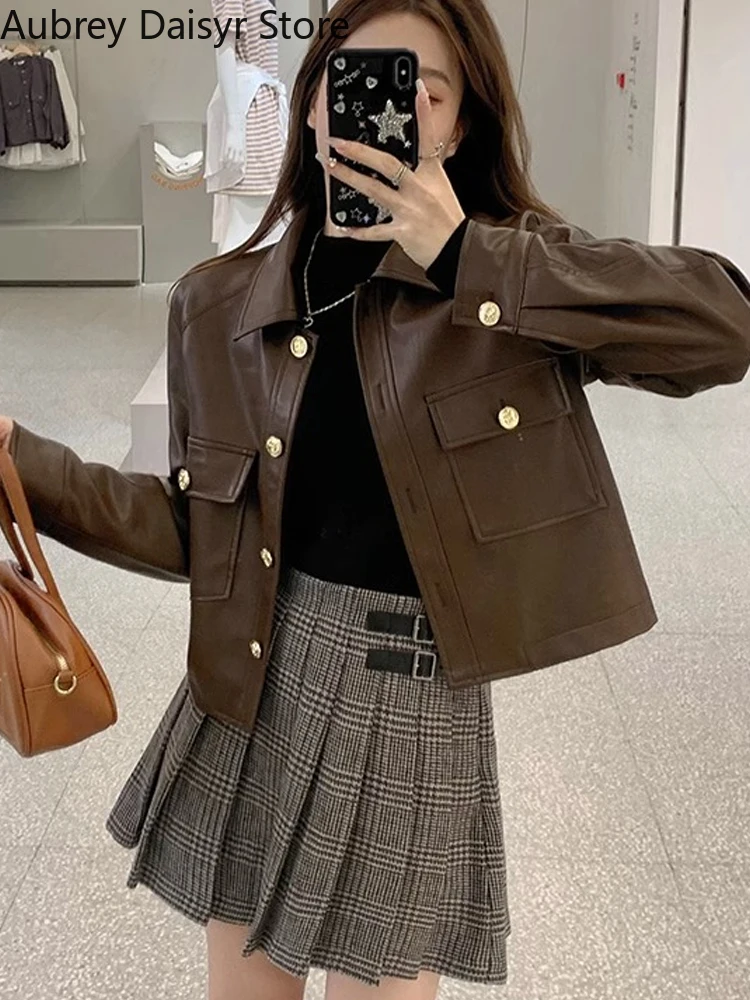 Vintage Brown Leather Jacket Women Streetwear Casual Moto Biker Leather Jacket Korean Winter Punk Thin Blazer Leather Coat 2023