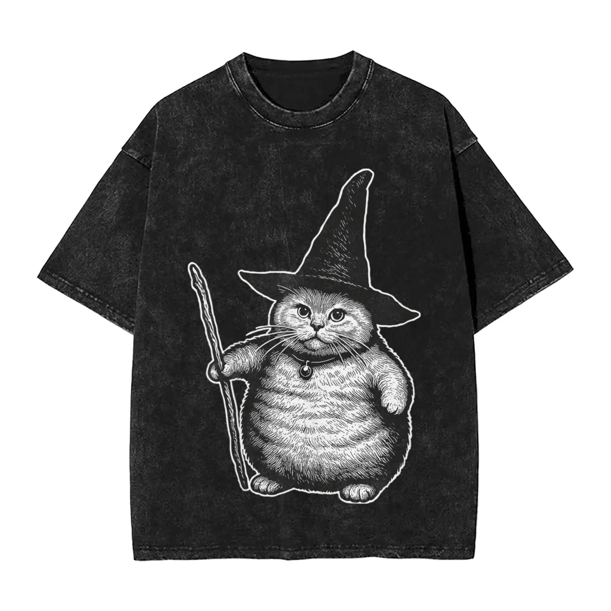 Vintage Washed Wizard Cat Meme T-Shirt Lustiges Retro-Grafik-T-Shirt Übergroßes Streetwear Harajuku Y2K Top für Männer Frauen Sommer T-Shirt – Detail 3
