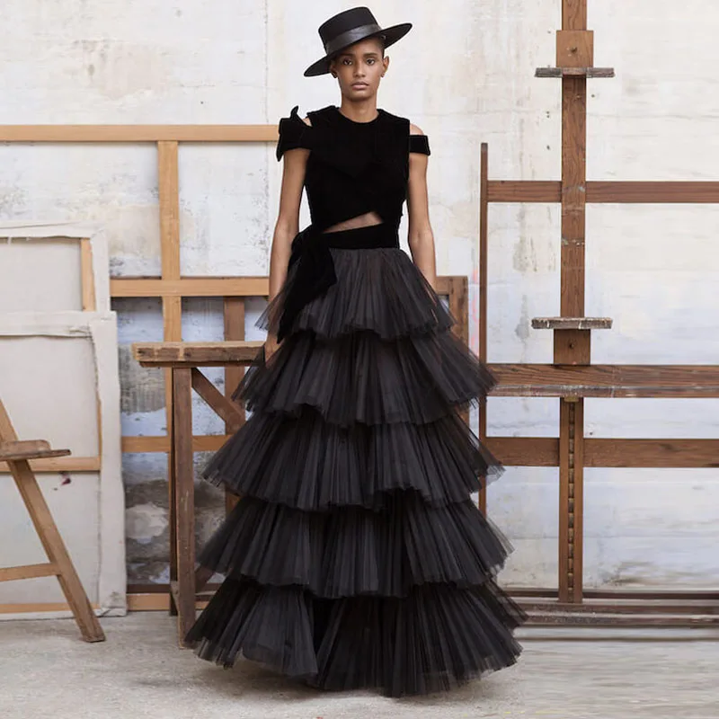 

Fashion Black Layered Tutu Long Tulle Skirt Elastic Waist 5 Layers Pleated Tulle Women Maxi Evening Skirt Custom made Any Colors