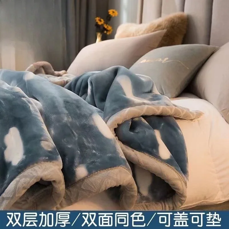 Fashionable Winter Double-layer Thicken Blanket Warm Plush Bed Blanket Light Luxury Printed Skin Friendly Soft Home Blankets