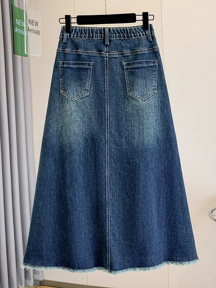 Fashionable A-Line Midi Denim Skirt Elastic Waist Frayed Hem Maternity Friendly Casual Cotton Blend Skirt for Young Women