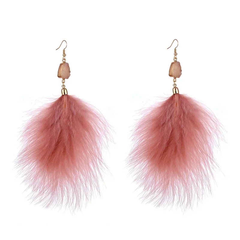 New Long Crystal Tassel Dangle Drop Earrings for Women Bohemian Genuine Feather Pendants Plush Earrings Wedding Elegance Jewelry