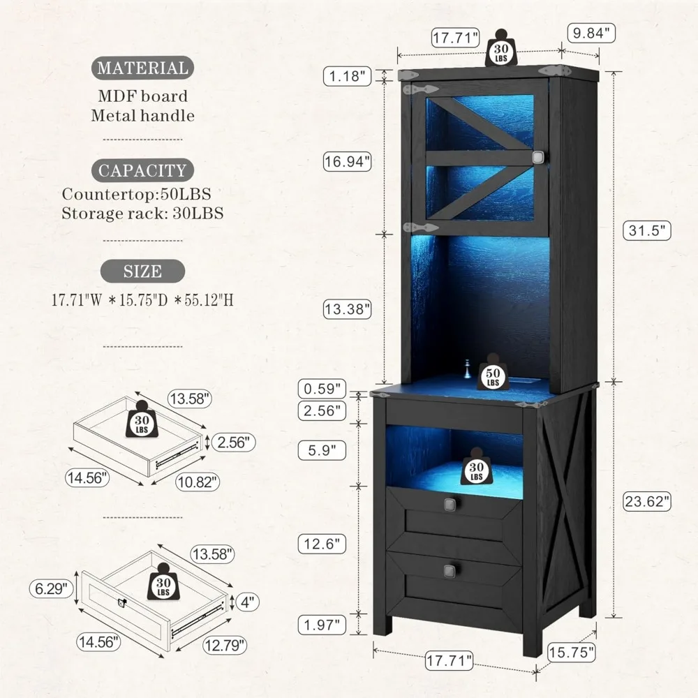 Comodino alto da fattoria con stazione di ricarica, comodino con ripiani, comodino a LED con cassetto per pistola, nero