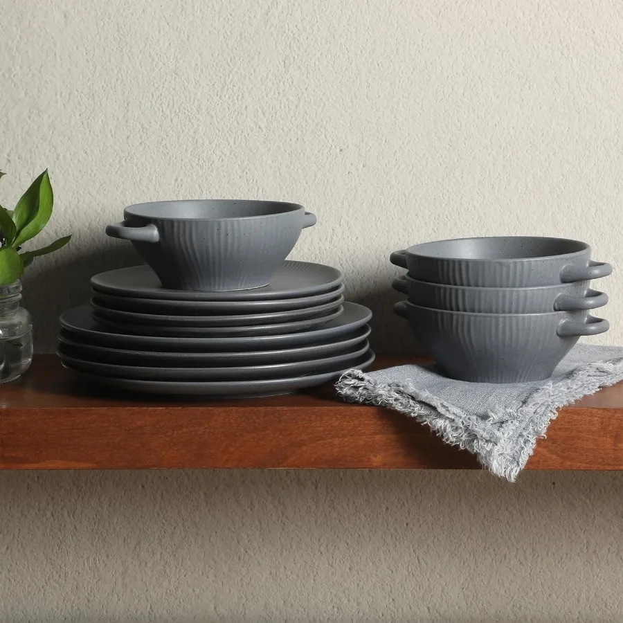 Conjunto de louça de grés Clover Hill, 12 peças, azul escuro, placas e tigelas em relevo com serviço de esmalte reativo moteado fosco para