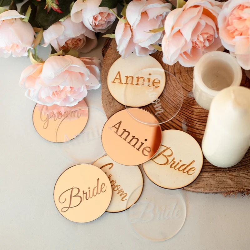 5pc Personalised Circle Wedding Place Card Acrylic Table Coaster Name Tag Guest Seating Unique Wedding Favours Party Table Decor