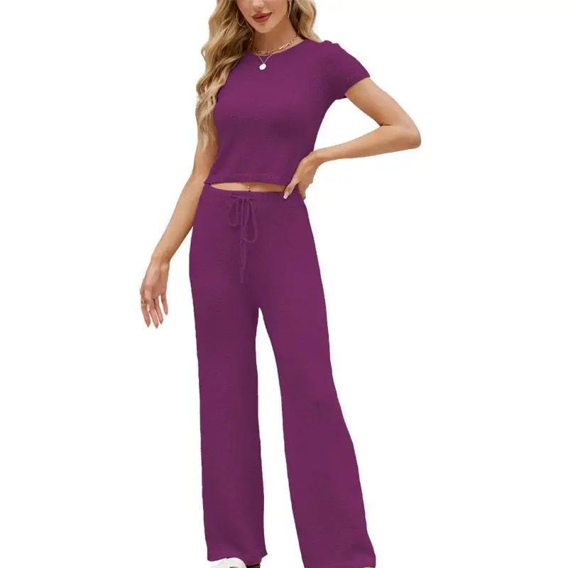 

2026 New Women's Summer Knitted Short Sleeve Pure Color Set Three Piece Suit Casual Comfortable Breathable Fashionable