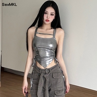 Casual Silver Crop Tops Women Sexy Solid Sleeveless Square Neck Slim Fit Korean Fashion Y2k Clothes Cute Lace Up Corset Tanks