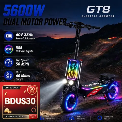 ONECNA GT8PRO Adult Electric Scooter, 5600W Dual Drive Motor, 50MPH Maximum Speed 60 Miles Long Distance, Commuting Electric Scooter with LED RGB Lights, Intelligent LCD Display Screen, Outdoor Adventure Heavy-Duty Scooter