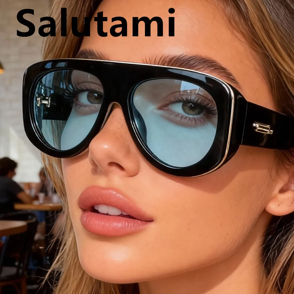 Vintage dicke, übergroße, ovale Sonnenbrille mit blau-gelbem Farbverlauf für Damen, neue modische Sonnenbrille mit schwarzem Streifen für Herren, Retro Hip-Hop-Sonnenbrille