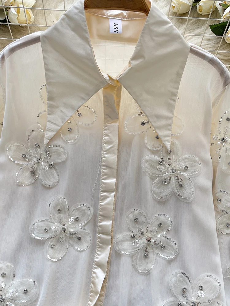 الفرنسية الماس رصع ثلاثي الأبعاد زهرة التلبيب قميص طويل الأكمام للنساء ربيع الخريف تنوعا شيك الاتجاه العلوي C363