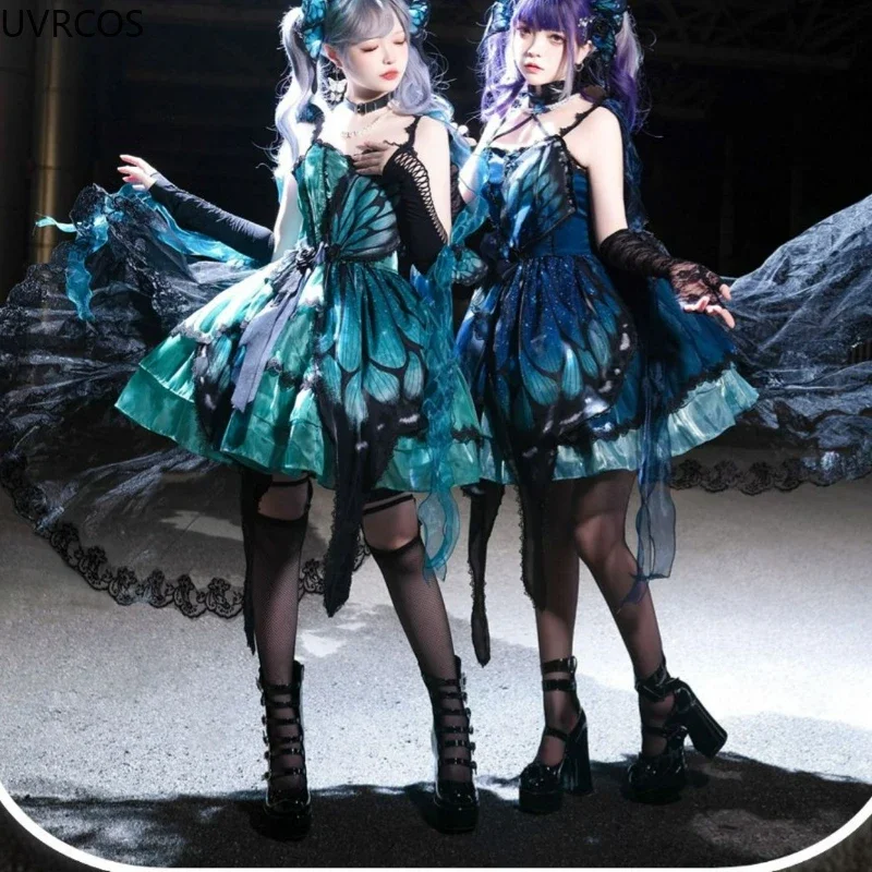 Victorian Gothic Lolita JSK ชุดเดรสผู้หญิง Y2k ฮาราจูกุชุดเดรสยาวพิมพ์ลายผีเสื้อย้อนยุคของผู้หญิงชุดเดรสปาร์ตี้ตอนเย็นที่สง่างาม