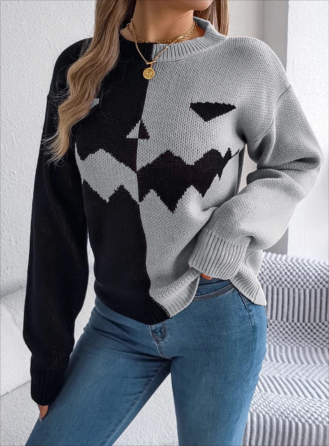 Pullover lavorato a maglia a maniche lunghe con scollo tondo casual autunno inverno Maglioni con motivo zucca a contrasto di colore da donna di Halloween