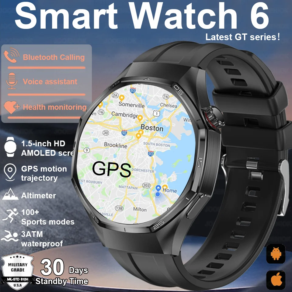 

Watch 6 PRO Sports Smart Watch Men GPS Tracker AMOLED Screen 1.5-inch Heart Rate BT Call Business Waterproof Smartwatches Man