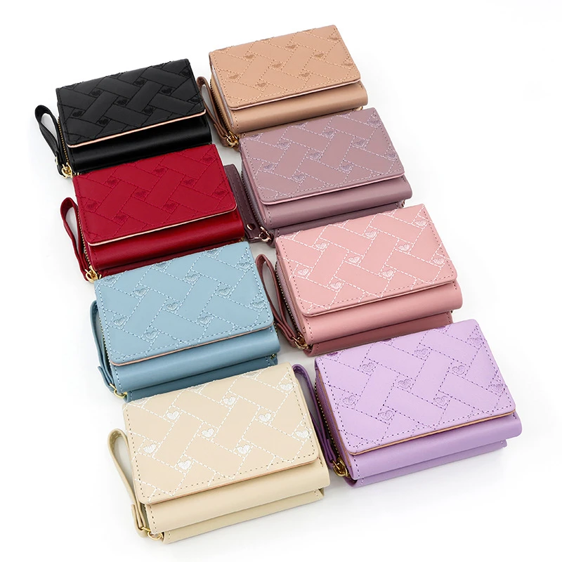 Ladies Wallet Fashion Embroidered Heart Coin Purse Tri-Fold Card Holder