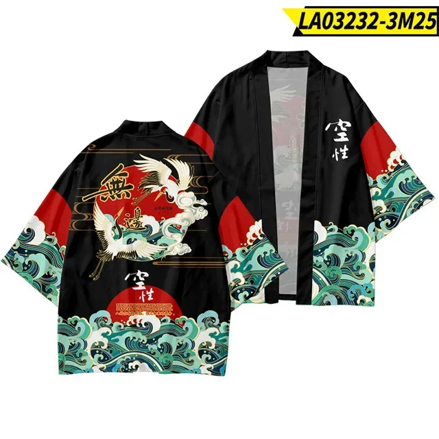 Red Sun Crane Wave Kanji Print Haori Kimono Cardigan Unisex Loose Open Yukata Japanese Style Streetwear Cosplay Cover Up