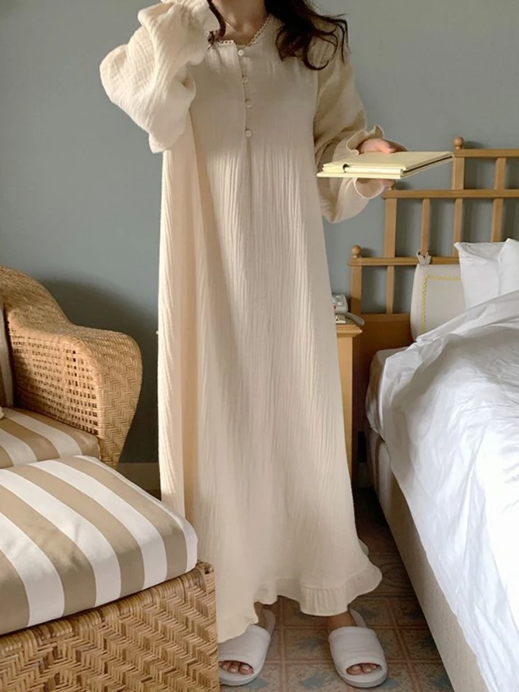 Long Sleeve Nightgowns Women Simple Cute Nightdress Korean Autumn Sweet Girls Round Neck Sleepwear Fashion Leisure Cozy Lounge - Image 6