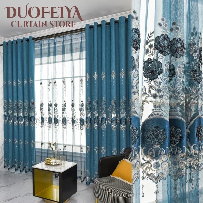 

Blue Bedroom Dining Room Blackout Curtains Modern Luxury Grey Three-dimensional Embroidery Living Room Curtains High Quality