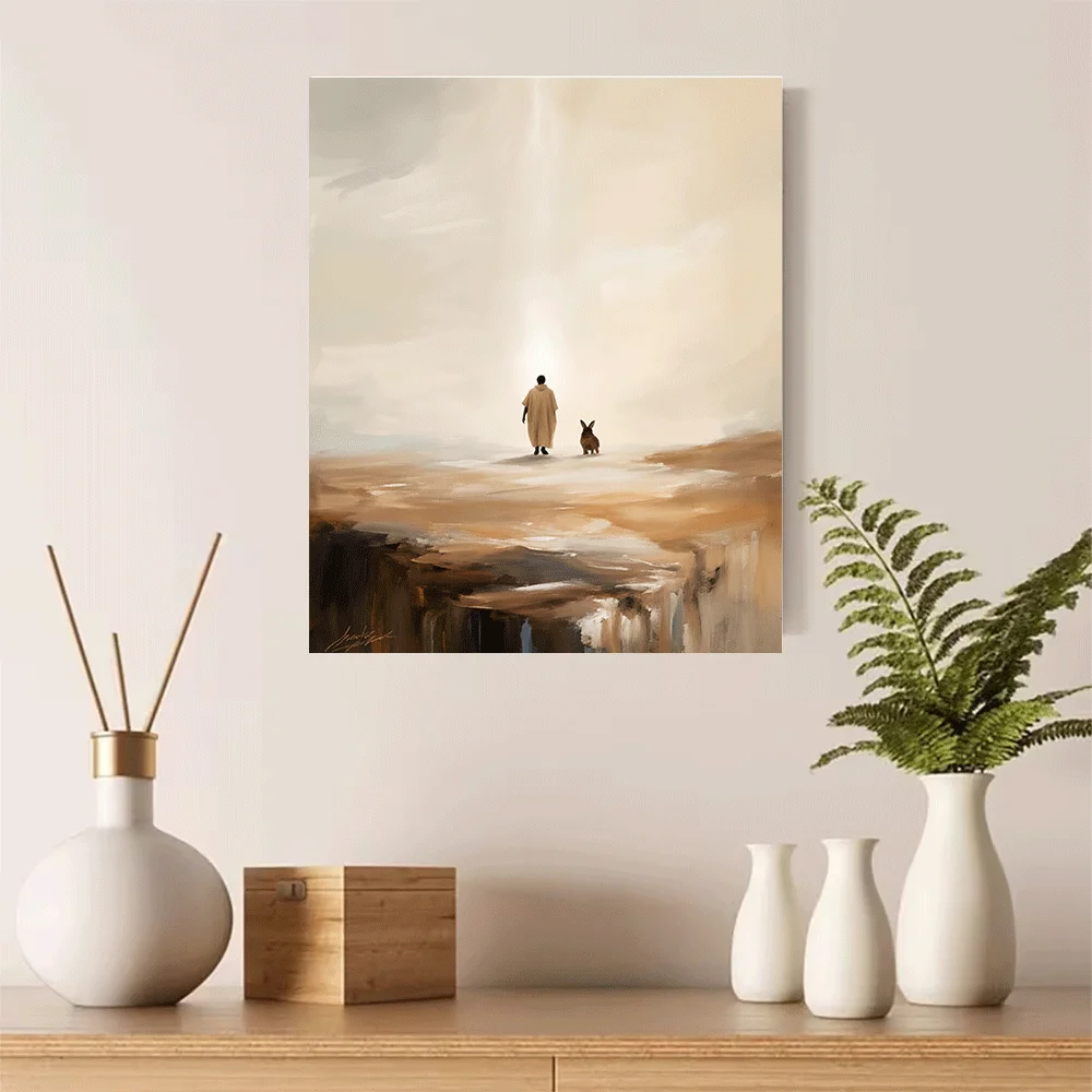 1PC-Unframed Canvas poster wall decoration  Desert Journey Man and Rabbit Under Light Beam Art Print