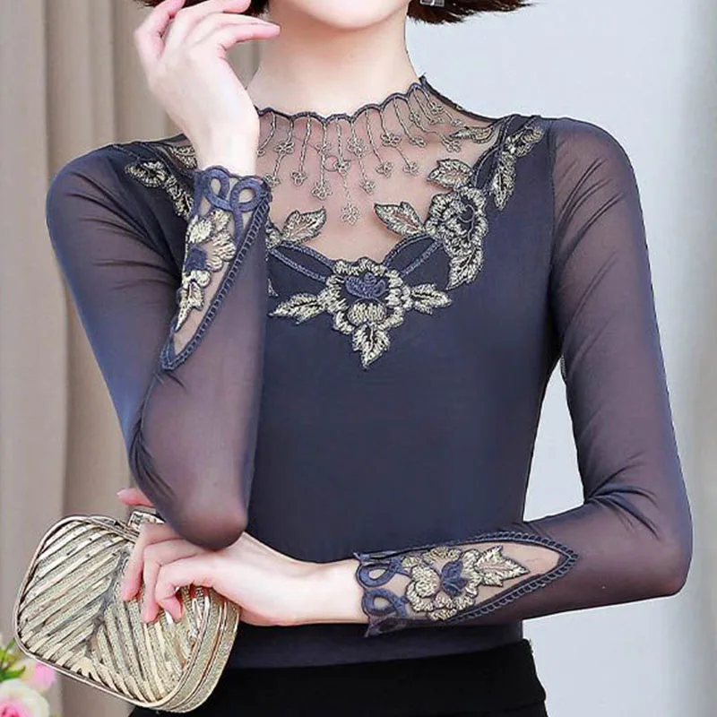 

2022 Women's Lace Bottoming Shirt Long Sleeve Autumn Winter Slim Fit Fashion Sexy Hollow Out Half High Collar Lace Top