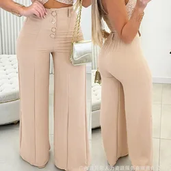 Wide Leg Long Pants Women Solid High Waist Loose Casual Straight Trousers Button Office Ladies Regular Splice Capris Pant