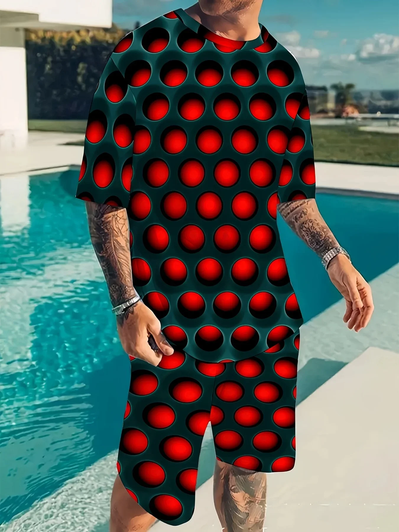 

Men's T-shirt and Shorts Set Vortex circular hole 3D Printed Casual Sportswear Summer Beach Outdoor Casual T-Shirt Shorts Suits