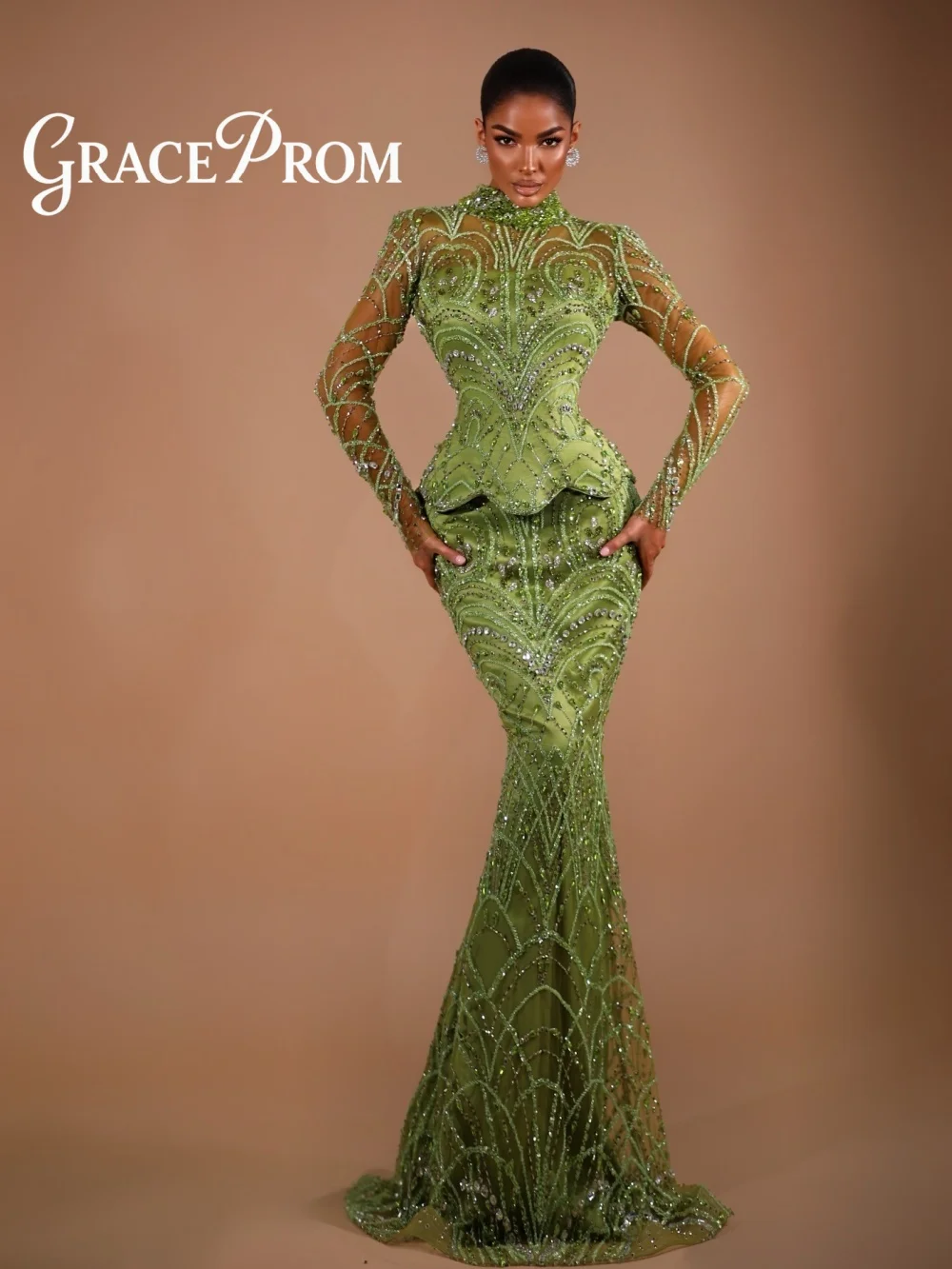 

GraceProm Formal Long-Sleeve Evening Dress Luxurious High Neck Beaded Gown Elegant Floor-Length Party Gown robes de soirée