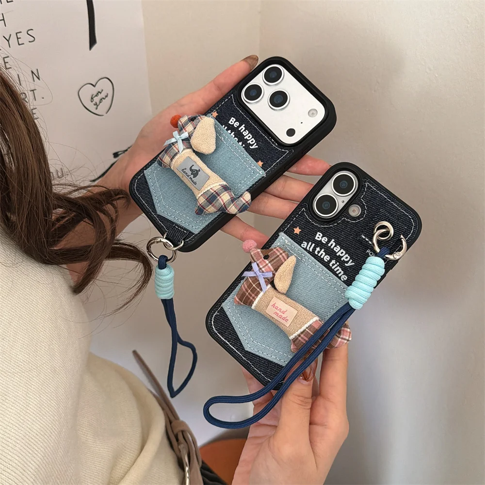

Korean INS Embroidered 3D Puppy Phone Case With Card Slot for iPhone 17 Pro 13 14 15 Pro Max 16 Fashion Denim Shockproof Fundas