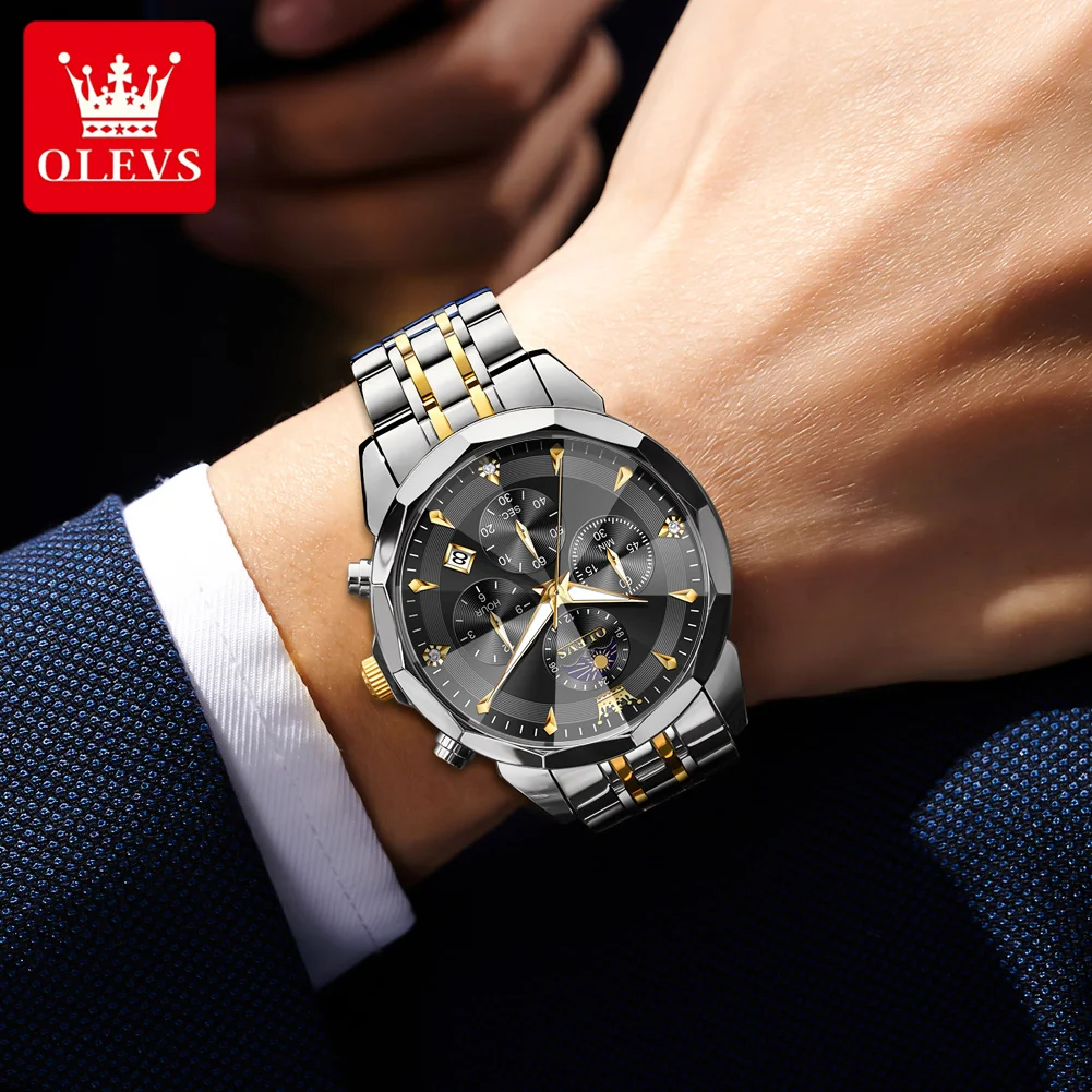 OLEVS 3673 Mens Watch Business Brand Quartz Watches Multifunctional Chronograph Waterproof Moon Phase Watch Mens Gifts Original
