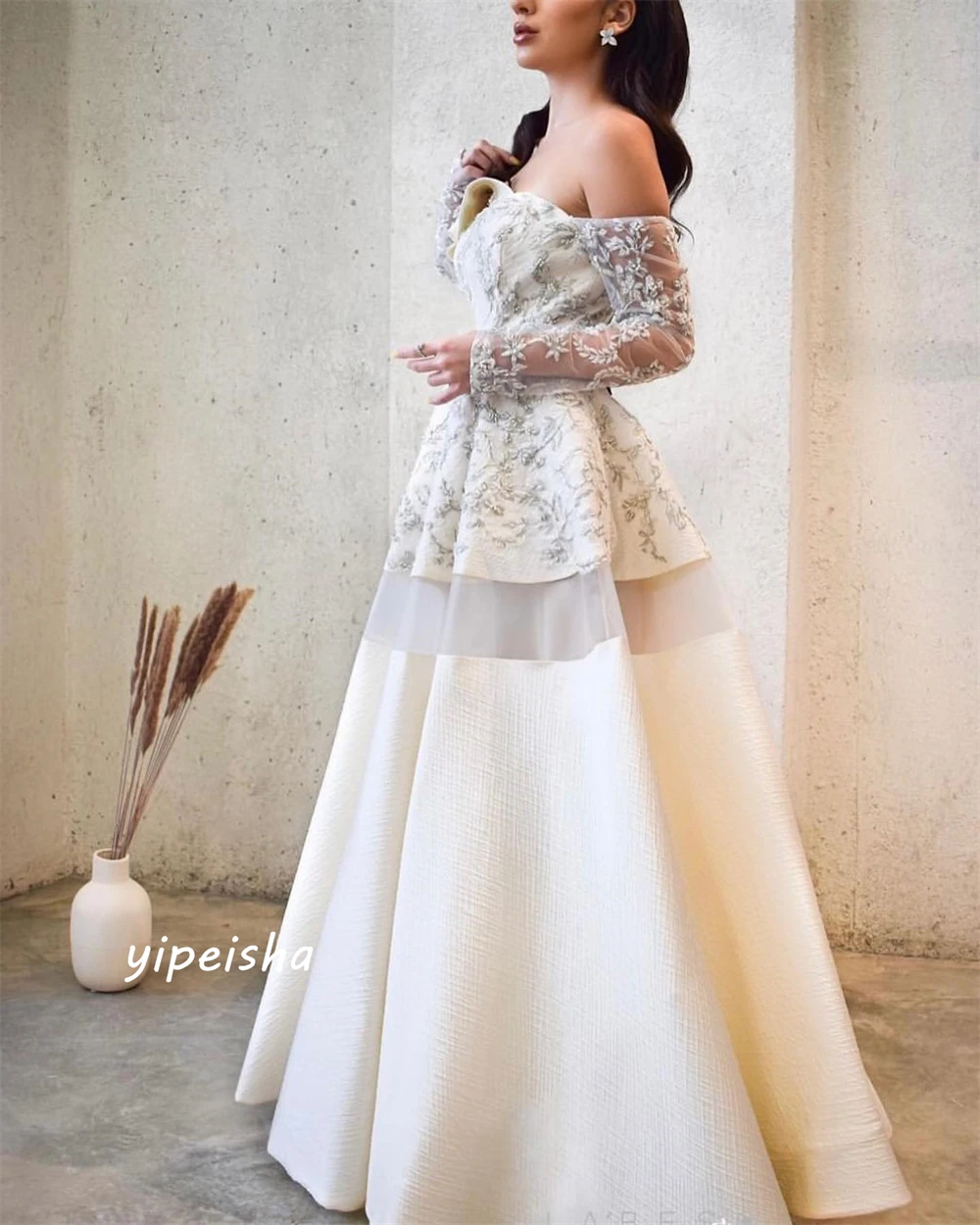 Jiayigong  Jersey Beading Draped Pleat Wedding Party A-line Off-the-shoulder Bespoke Occasion Gown