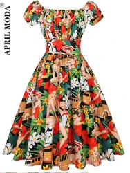 Elegant Women Retro Rockabilly Dresses Vintage 50s 60s Swing Full Circle Flare Dress Hawaiian 4XL Office Sundress Pinup Vestidos