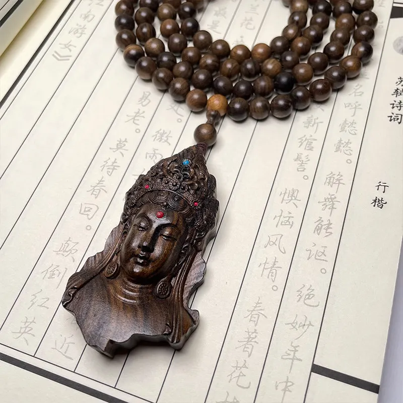 

Cz natural wood buddha beads exquisite carving guanyin pendant tag