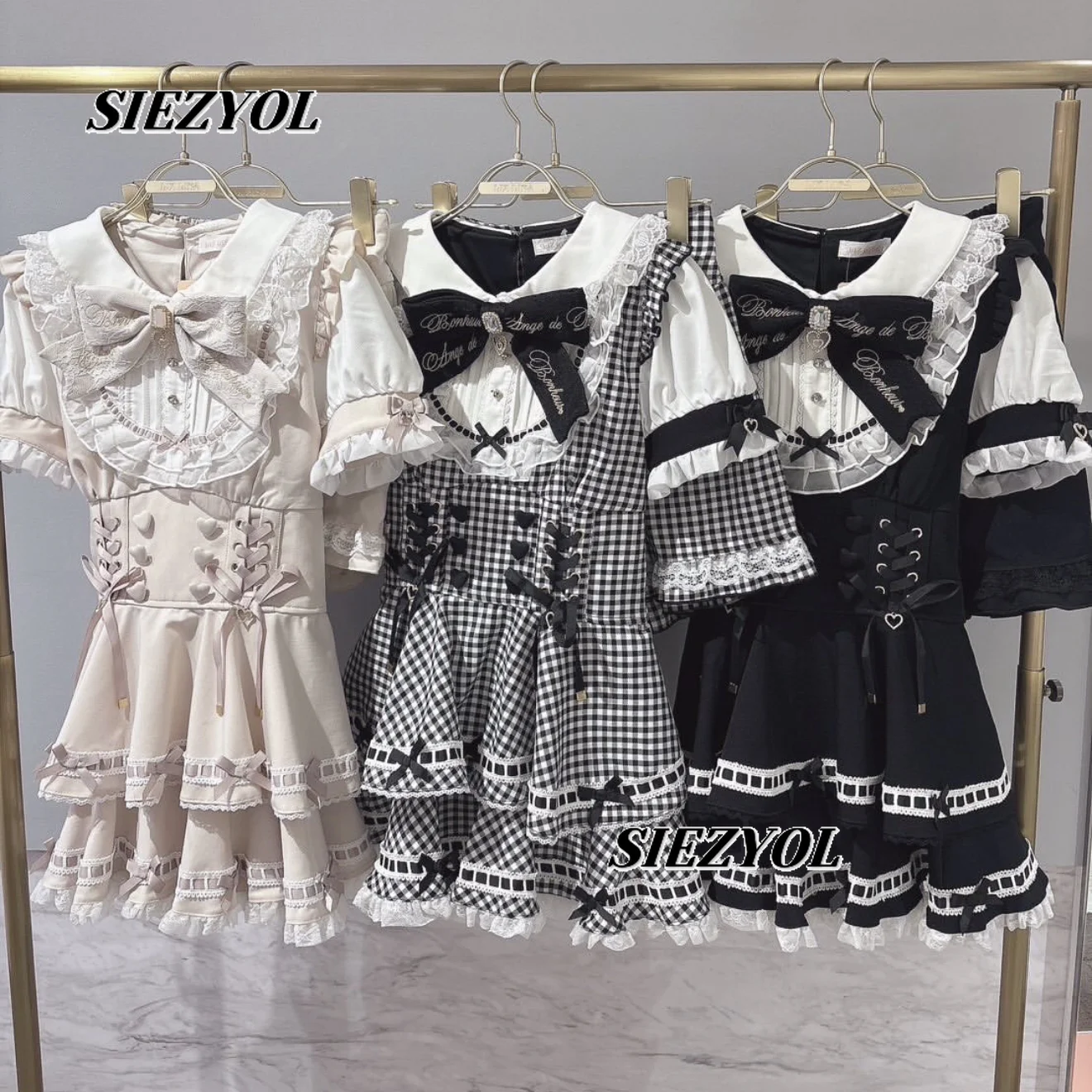 Japanese Sweet Lolita High Waist Dress and Shorts Suit Skinny Big Bow Ruffle Edge Lace Short Sleeve Dress Two-piece Set