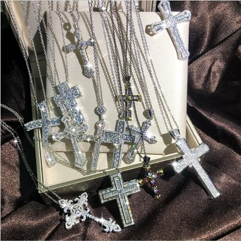 Vecalon Handmade Luxury Jewelry Hip Hop Cross Pendant 925 Sterling Silver White Topaz Diamond Women Jesus Christianity Necklace