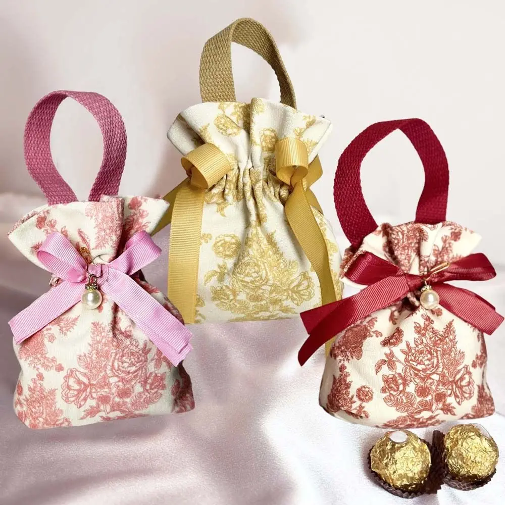 

Pearl Pendant Canvas Floral Drawstring Bag Korean Style Large Capacity Peony Flower Wrist Bag Storage Bag Satin Bow